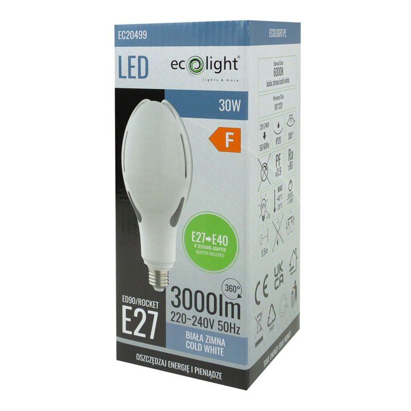 Żarówka LED rocket E27 30w 6000k 3000lm e-27->e-40 3 Żarówka LED rocket E27 30w 6000k 3000lm e-27->e-40 - obrazek 3