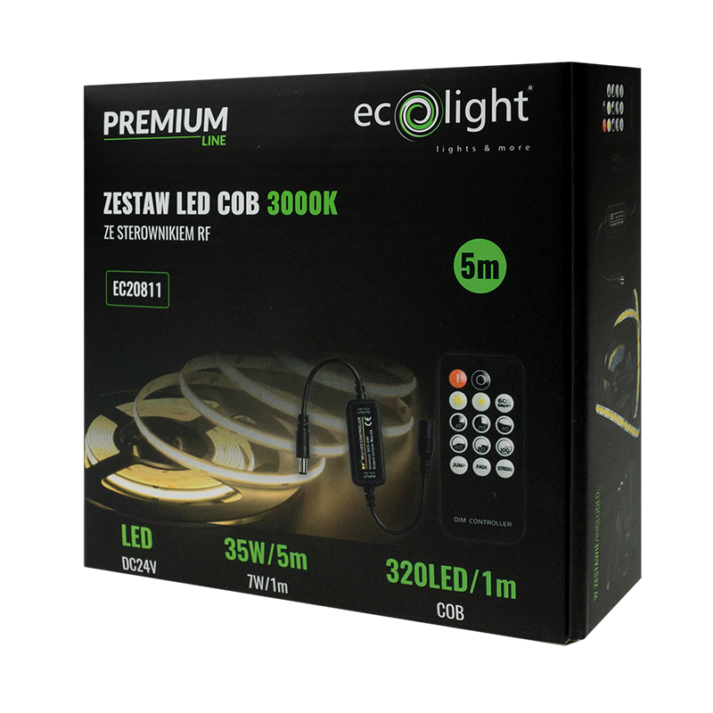 Zestaw taśma LED COB 320 24v 7w/m 3000k ip20 /5m/ 1 ZESTAW Taśma LED COB 320 24V 7W/m 3000K IP20 /5m/ — oświetlenie LED