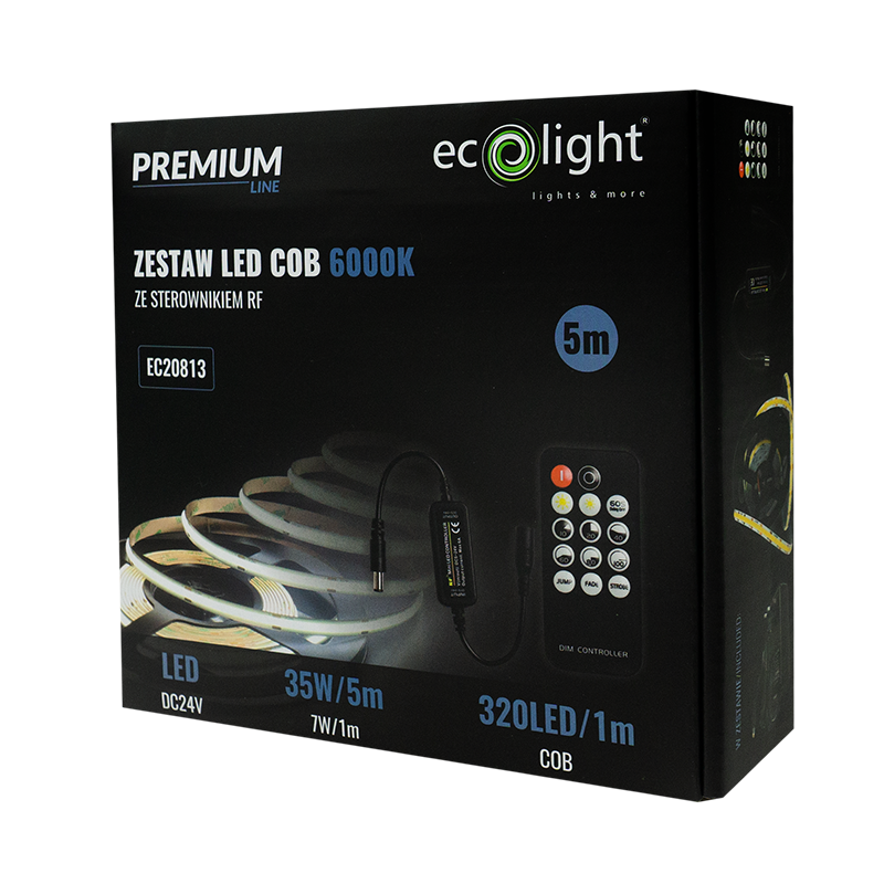 Zestaw taśma LED COB 320 24v 7w/m 6000k ip20 /5m/ 1 ZESTAW Taśma LED COB 320 24V 7W/m 6000K IP20 /5m/ — oświetlenie LED